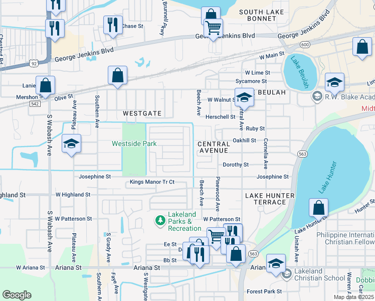 map of restaurants, bars, coffee shops, grocery stores, and more near 803 Corral Drive in Lakeland