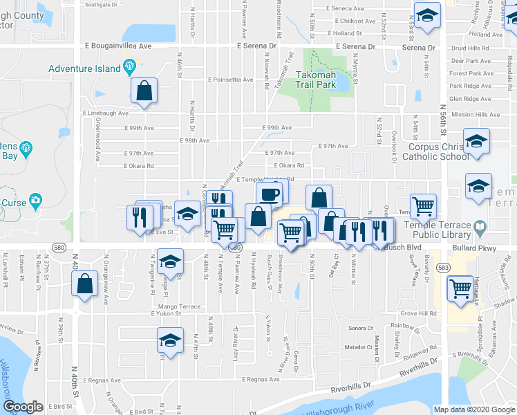 map of restaurants, bars, coffee shops, grocery stores, and more near 9508 North Hyaleah Road in Tampa