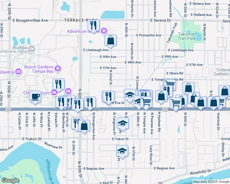 map of restaurants, bars, coffee shops, grocery stores, and more near 4206 East Sewaha Street in Tampa