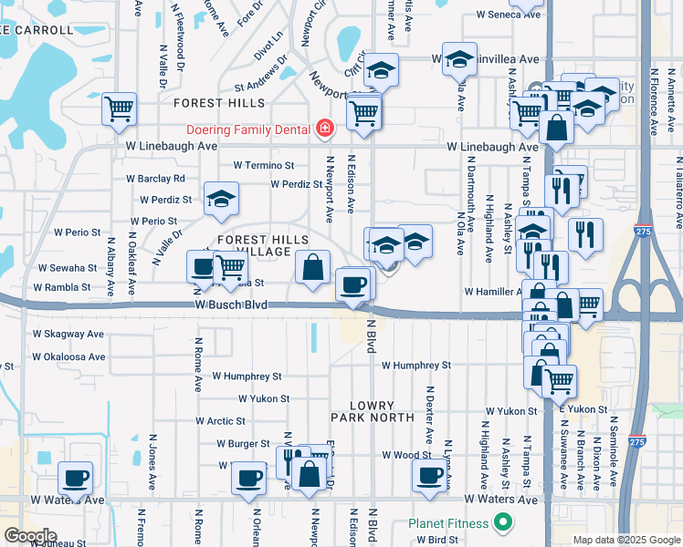 map of restaurants, bars, coffee shops, grocery stores, and more near 9300 North Forest Hills Drive in Tampa