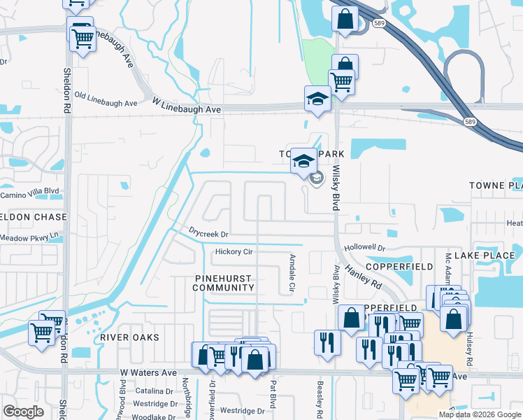 map of restaurants, bars, coffee shops, grocery stores, and more near 8208 Pinehurst Circle in Tampa