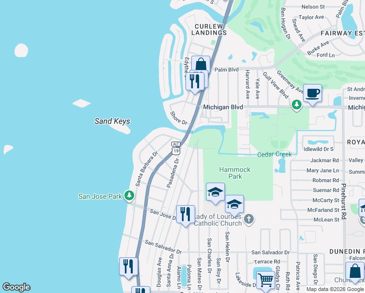 map of restaurants, bars, coffee shops, grocery stores, and more near 211 North Buena Vista Drive in Dunedin