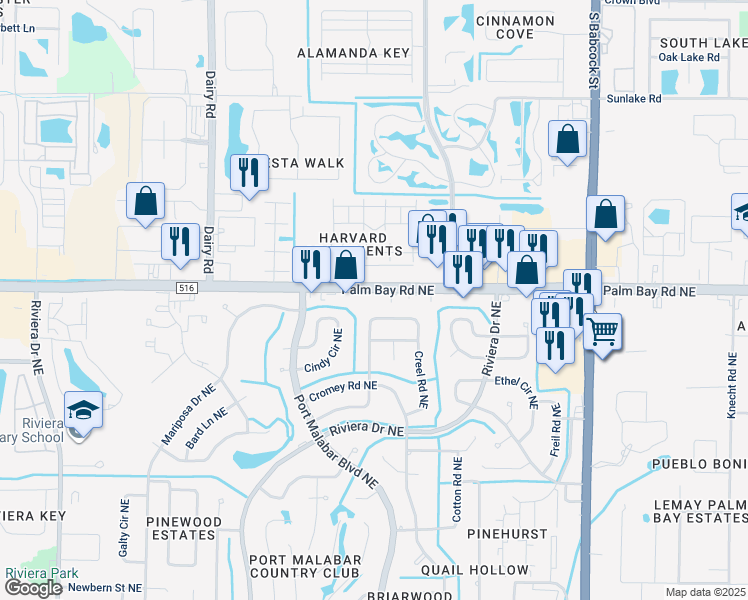 map of restaurants, bars, coffee shops, grocery stores, and more near 1400 Palm Bay Road Northeast in Palm Bay