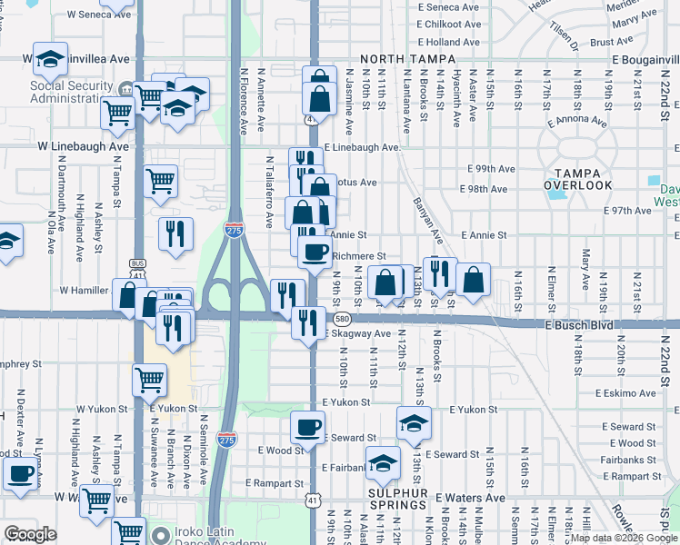 map of restaurants, bars, coffee shops, grocery stores, and more near 9411 North Nebraska Avenue in Tampa