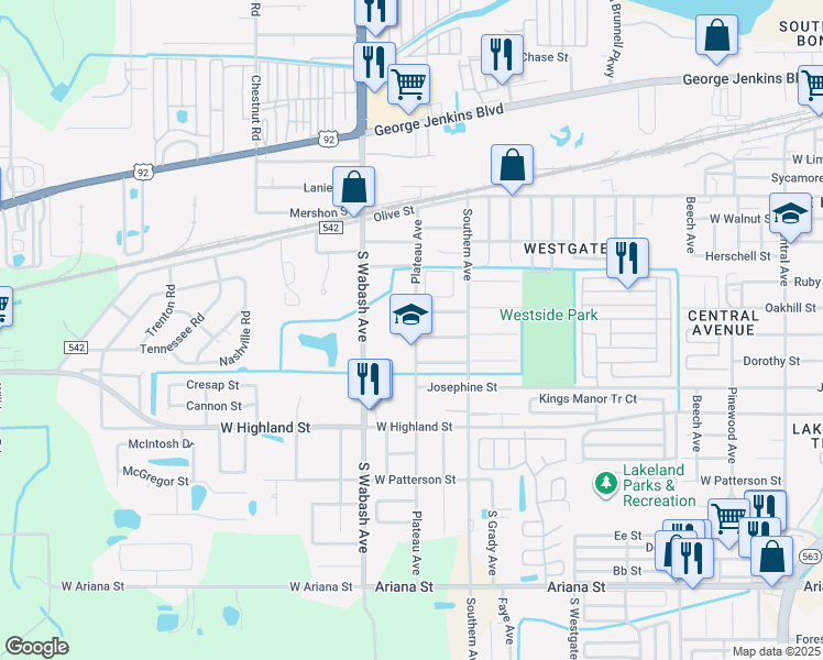 map of restaurants, bars, coffee shops, grocery stores, and more near 815 Plateau Avenue in Lakeland