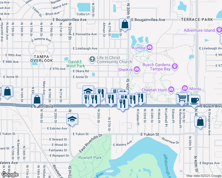 map of restaurants, bars, coffee shops, grocery stores, and more near 9302 North 28th Street in Tampa