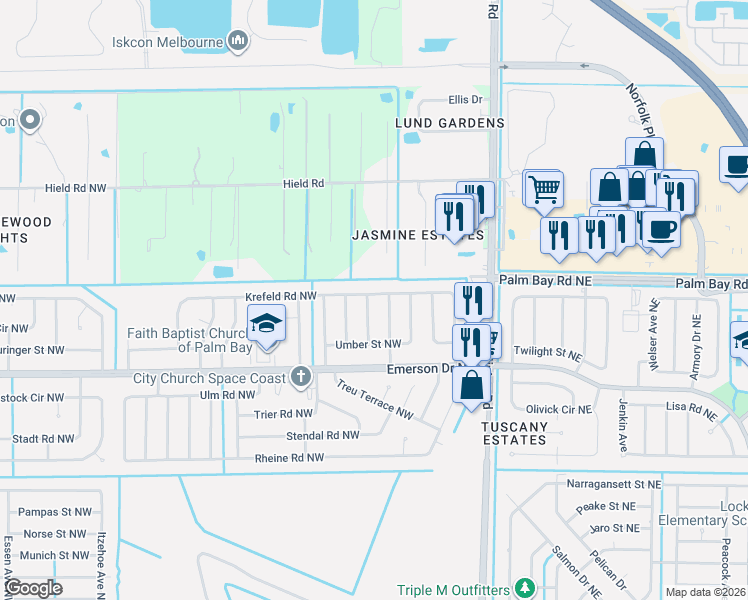 map of restaurants, bars, coffee shops, grocery stores, and more near 263 Krefeld Road Northwest in Palm Bay