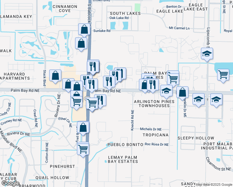 map of restaurants, bars, coffee shops, grocery stores, and more near 1790 Palm Bay Road Northeast in Palm Bay