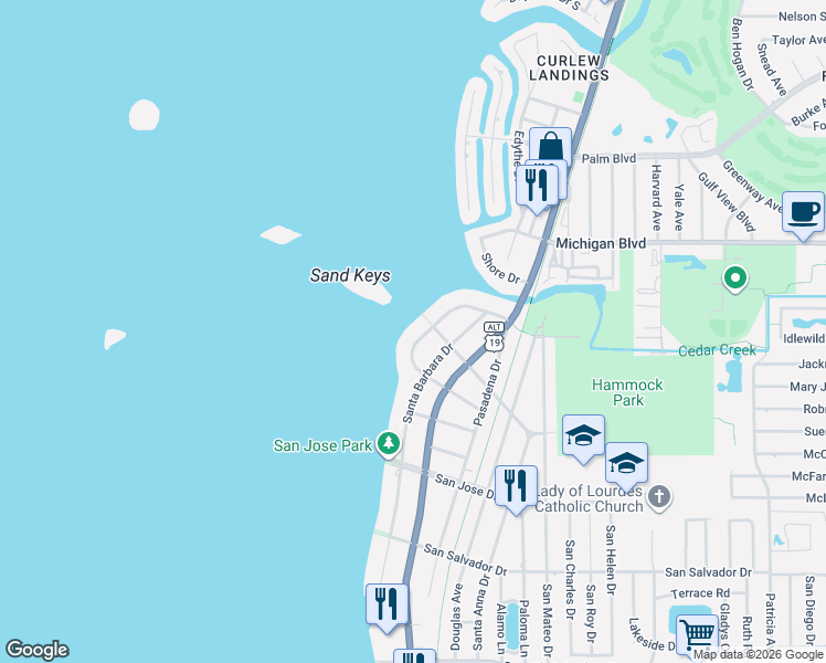 map of restaurants, bars, coffee shops, grocery stores, and more near 105 Buena Vista Drive South in Dunedin