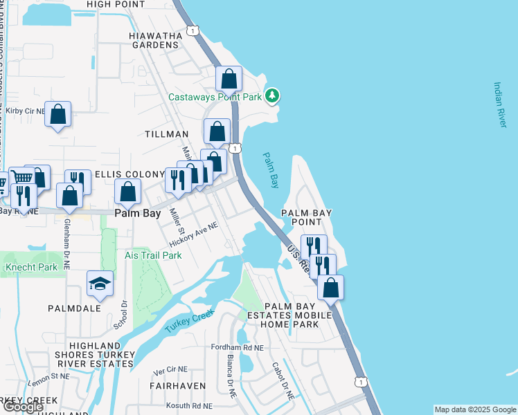 map of restaurants, bars, coffee shops, grocery stores, and more near 4201 Dixie Highway Northeast in Palm Bay