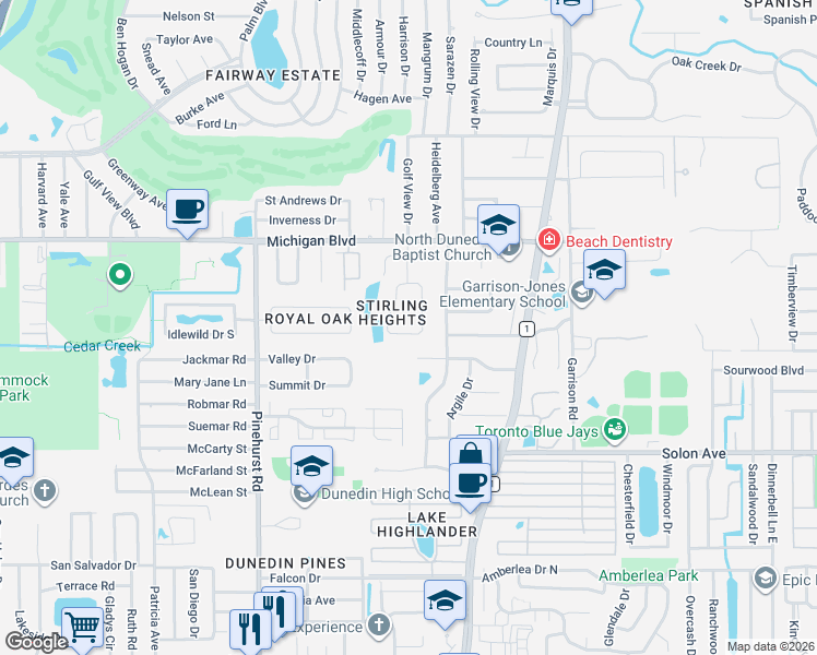 map of restaurants, bars, coffee shops, grocery stores, and more near 1924 Dunloe Circle in Dunedin