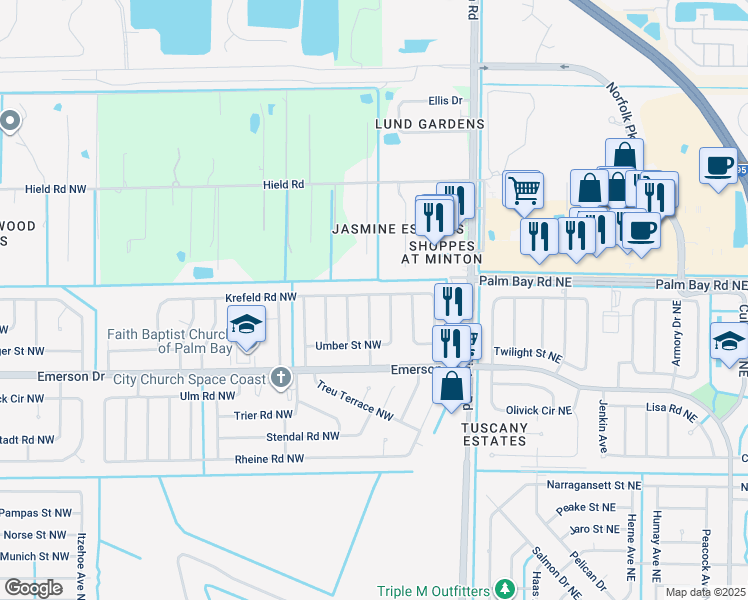 map of restaurants, bars, coffee shops, grocery stores, and more near 1399 Tilberg Avenue Northwest in Palm Bay