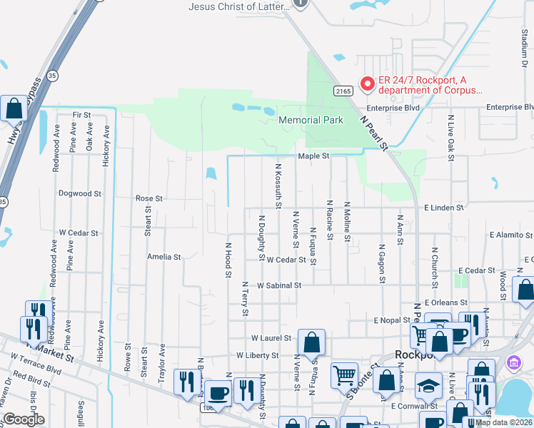 map of restaurants, bars, coffee shops, grocery stores, and more near 313 West Linden Street in Rockport