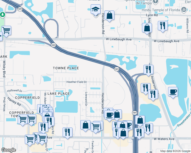 map of restaurants, bars, coffee shops, grocery stores, and more near 8918 Rocky Run Court in Tampa