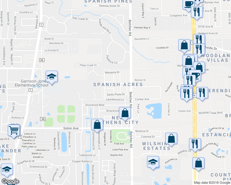 map of restaurants, bars, coffee shops, grocery stores, and more near 3133 Las Olas Drive in Dunedin