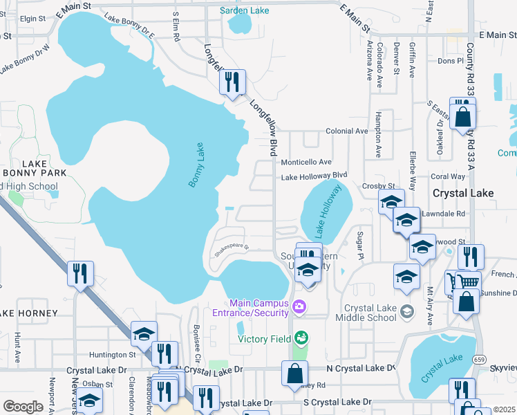 map of restaurants, bars, coffee shops, grocery stores, and more near 2025 Tennyson Street in Lakeland