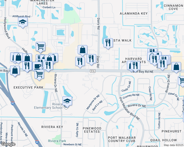 map of restaurants, bars, coffee shops, grocery stores, and more near 1491 Sheafe Avenue Northeast in Palm Bay