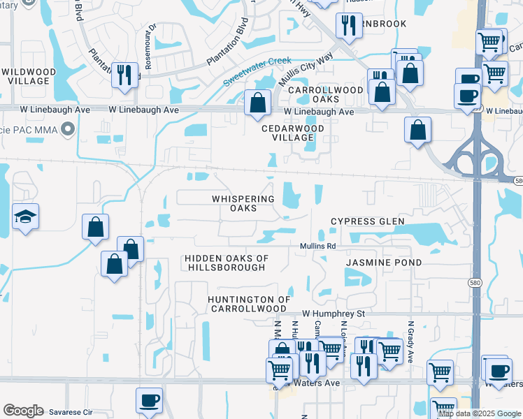 map of restaurants, bars, coffee shops, grocery stores, and more near 4605 Whispering Wind Avenue in Tampa