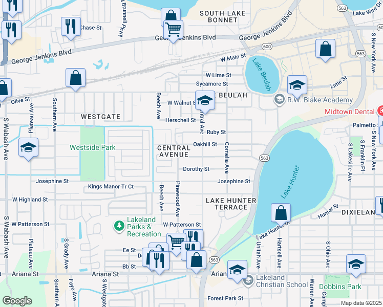 map of restaurants, bars, coffee shops, grocery stores, and more near 1230 Oakhill Street in Lakeland