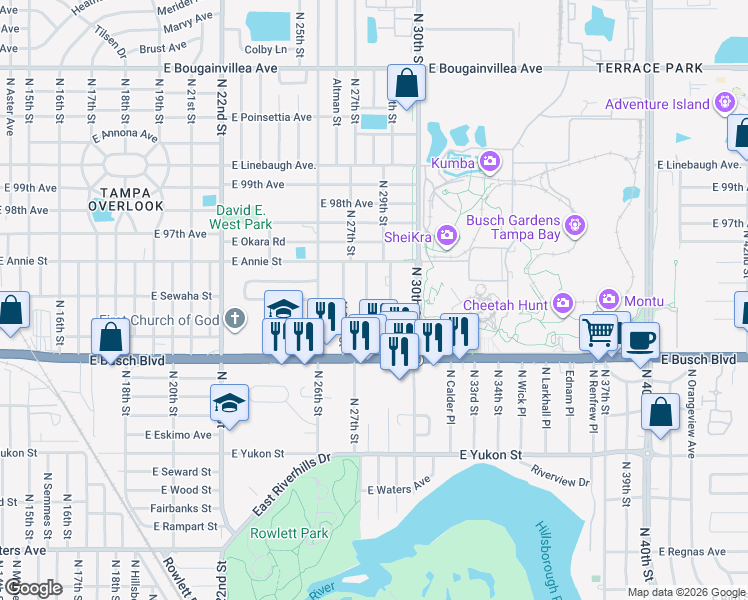 map of restaurants, bars, coffee shops, grocery stores, and more near 9307 North 28th Street in Tampa
