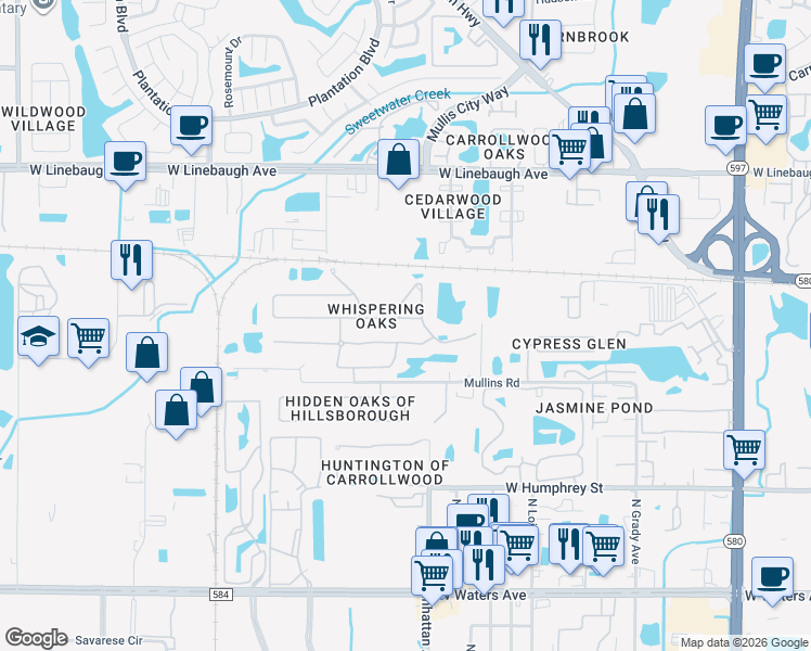 map of restaurants, bars, coffee shops, grocery stores, and more near 4605 Whispering Wind Avenue in Tampa