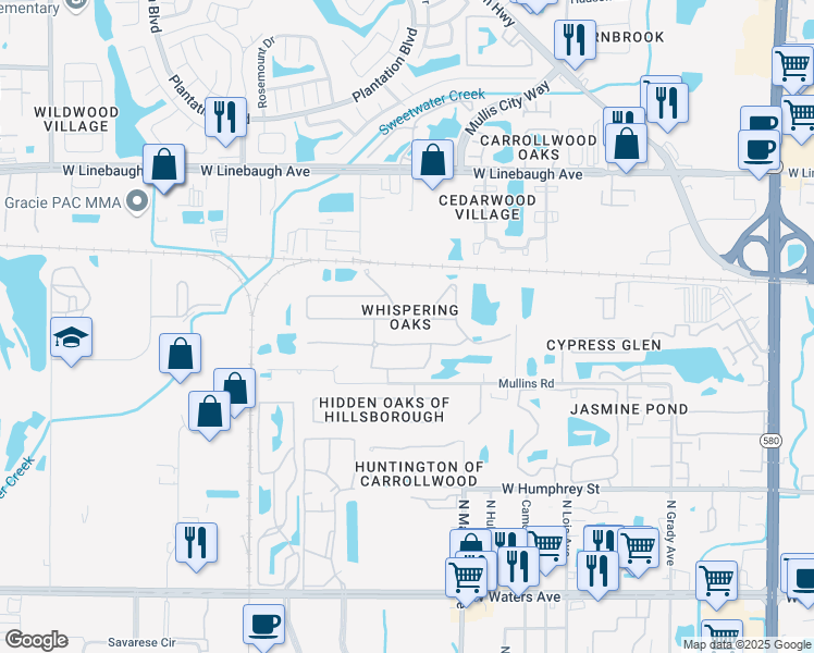 map of restaurants, bars, coffee shops, grocery stores, and more near 4624 Whispering Wind Avenue in Tampa