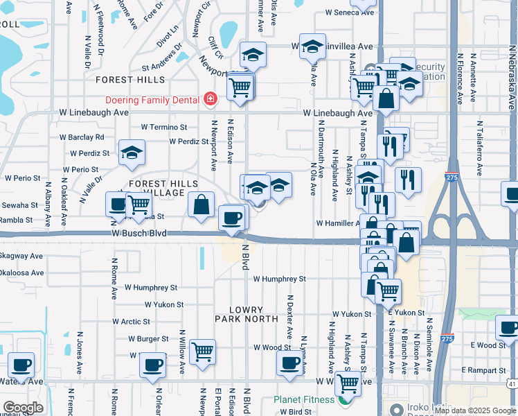 map of restaurants, bars, coffee shops, grocery stores, and more near 9401 North Boulevard in Tampa
