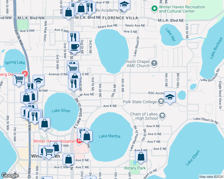 map of restaurants, bars, coffee shops, grocery stores, and more near 421 Avenue M Northeast in Winter Haven