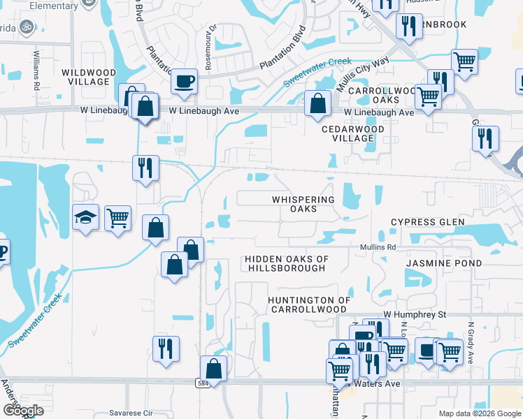 map of restaurants, bars, coffee shops, grocery stores, and more near 4724 Whispering Wind Avenue in Tampa