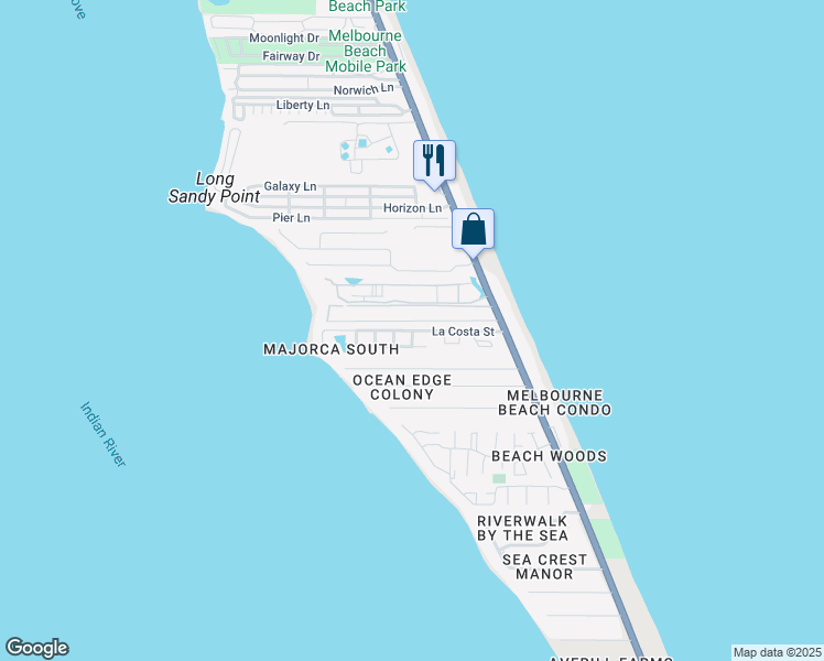 map of restaurants, bars, coffee shops, grocery stores, and more near 201 La Palma Lane in Melbourne Beach
