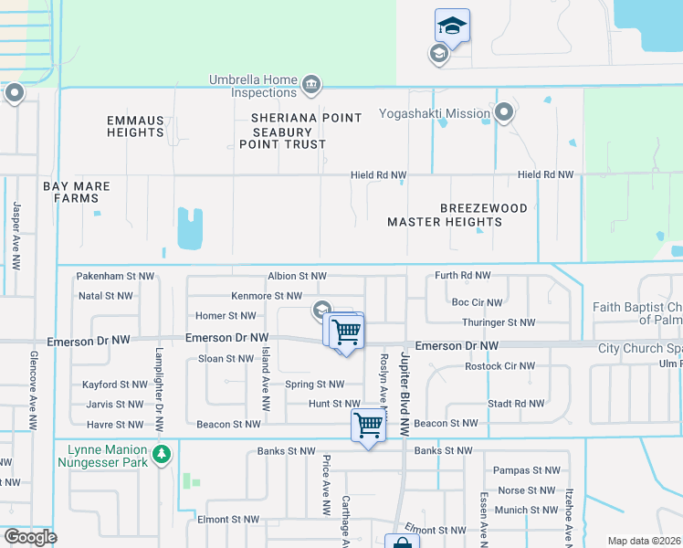 map of restaurants, bars, coffee shops, grocery stores, and more near 973 Albion Street Northwest in Palm Bay