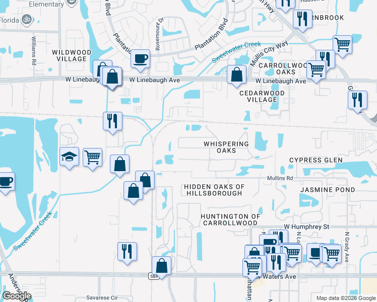 map of restaurants, bars, coffee shops, grocery stores, and more near 4724 Whispering Wind Avenue in Tampa