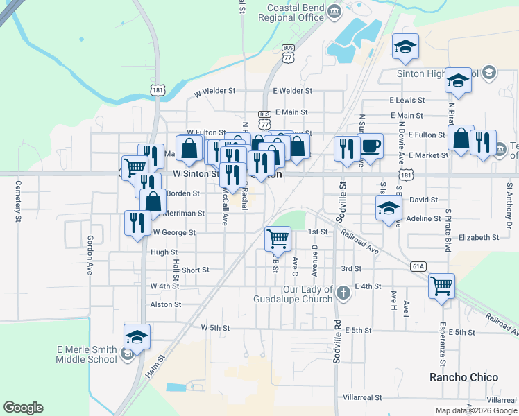 map of restaurants, bars, coffee shops, grocery stores, and more near 121 East Merriman Street in Sinton