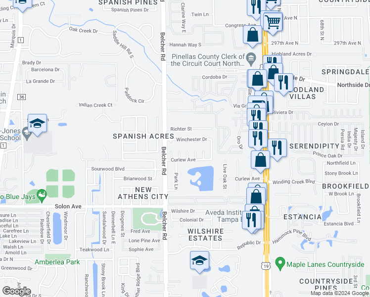 map of restaurants, bars, coffee shops, grocery stores, and more near 3118 Palm Court in Dunedin