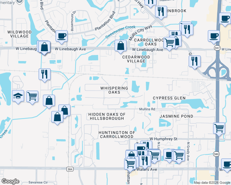 map of restaurants, bars, coffee shops, grocery stores, and more near 4620 Whispering Wind Avenue in Tampa
