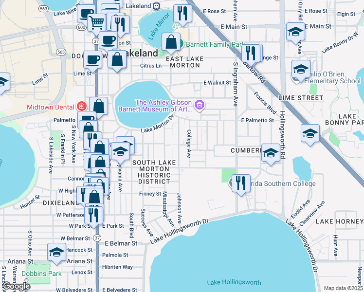 map of restaurants, bars, coffee shops, grocery stores, and more near 802 Johnson Avenue in Lakeland