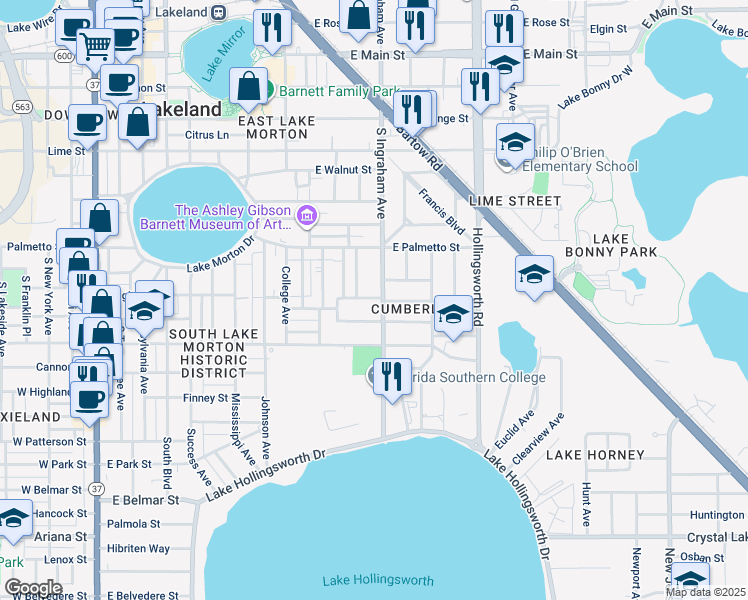 map of restaurants, bars, coffee shops, grocery stores, and more near 959 Cumberland Street in Lakeland
