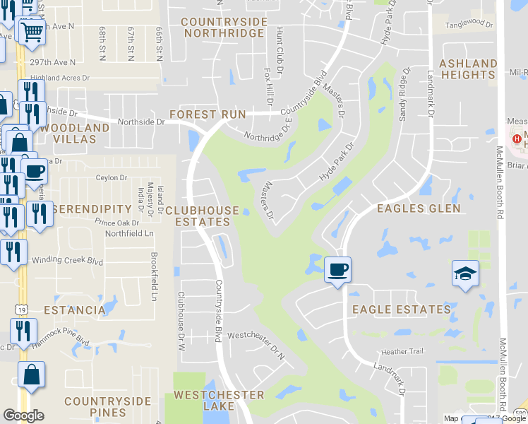 map of restaurants, bars, coffee shops, grocery stores, and more near 3116 Masters Drive in Clearwater