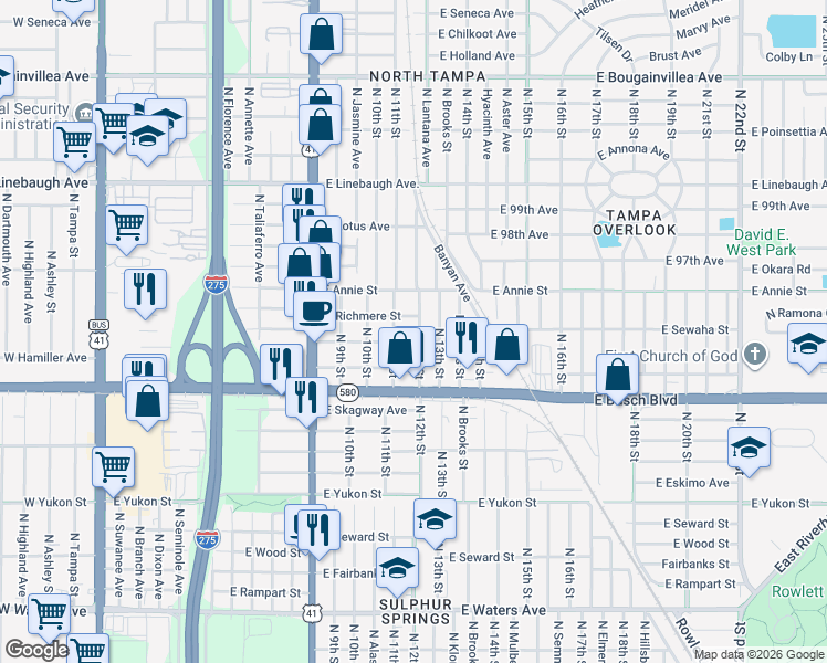 map of restaurants, bars, coffee shops, grocery stores, and more near 9404 North 12th Street in Tampa