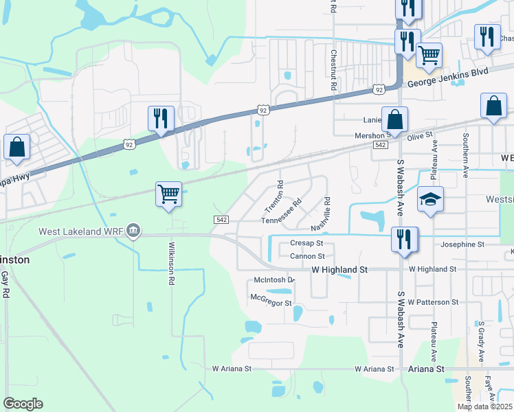 map of restaurants, bars, coffee shops, grocery stores, and more near 732 Lebanon Road in Lakeland