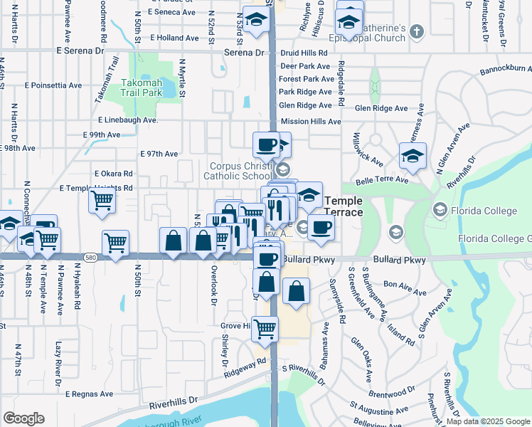 map of restaurants, bars, coffee shops, grocery stores, and more near 9390-9428 North 56th Street in Temple Terrace