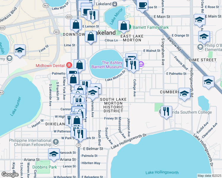 map of restaurants, bars, coffee shops, grocery stores, and more near 803 Orange Park Avenue in Lakeland