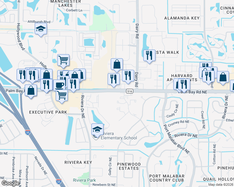 map of restaurants, bars, coffee shops, grocery stores, and more near 1480 Sheafe Avenue Northeast in Palm Bay