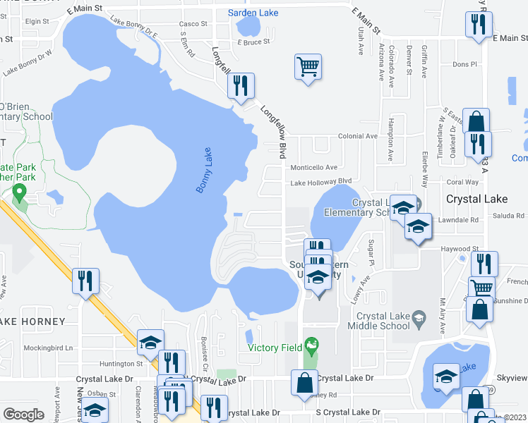 map of restaurants, bars, coffee shops, grocery stores, and more near 2019 Tennyson Street in Lakeland