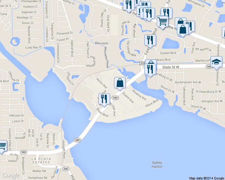 map of restaurants, bars, coffee shops, grocery stores, and more near 3119 Huron Avenue in Oldsmar