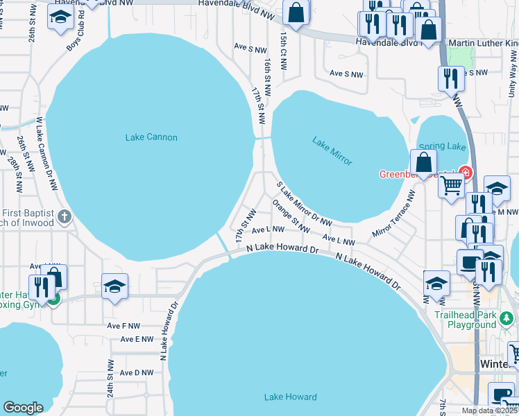 map of restaurants, bars, coffee shops, grocery stores, and more near 1310 17th Street Northwest in Winter Haven