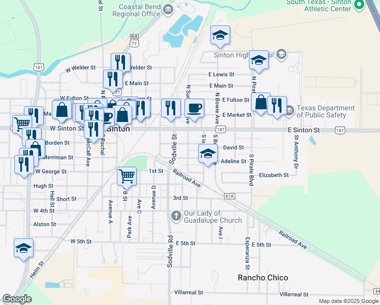 map of restaurants, bars, coffee shops, grocery stores, and more near 215 South Sunshine Avenue in Sinton