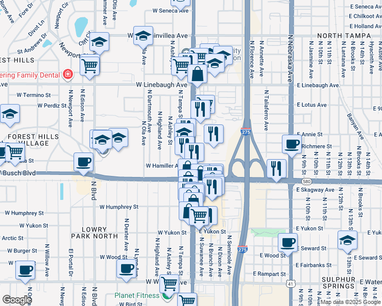 map of restaurants, bars, coffee shops, grocery stores, and more near 9320 North Florida Avenue in Tampa