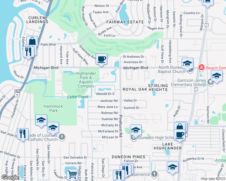 map of restaurants, bars, coffee shops, grocery stores, and more near 1150 Idlewild Dr S in Dunedin