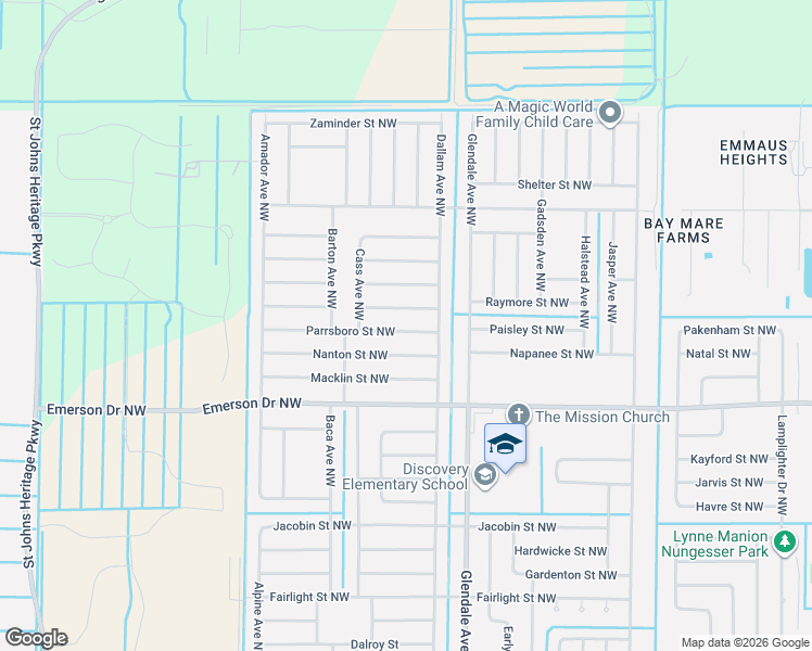 map of restaurants, bars, coffee shops, grocery stores, and more near 1731 Parrsboro Street Northwest in Palm Bay
